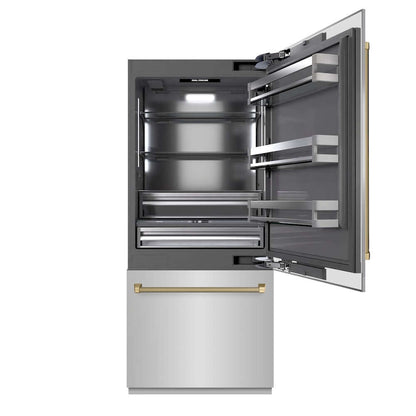 ZLINE Autograph Edition 36 in. 19.8 cu. ft. Built-In Bottom Freezer Refrigerator with Water Dispenser and Ice Maker in Stainless Steel with Graphite Gray Interior and Polished Gold Helix Handles (GRBITZ-30436KG) front, refrigeration compartment open.