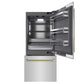 ZLINE Autograph Edition 36 in. 19.8 cu. ft. Built-In Bottom Freezer Refrigerator with Water Dispenser and Ice Maker in Stainless Steel with Graphite Gray Interior and Polished Gold Helix Handles (GRBITZ-30436KG) front, refrigeration compartment and bottom freezer open.