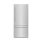 ZLINE Autograph Edition 36 in. 19.8 cu. ft. Built-In Bottom Freezer Refrigerator with Water Dispenser and Ice Maker in Stainless Steel with Graphite Gray Interior and Polished Nickel Helix Handles (GRBITZ-30436KPN) front, closed.