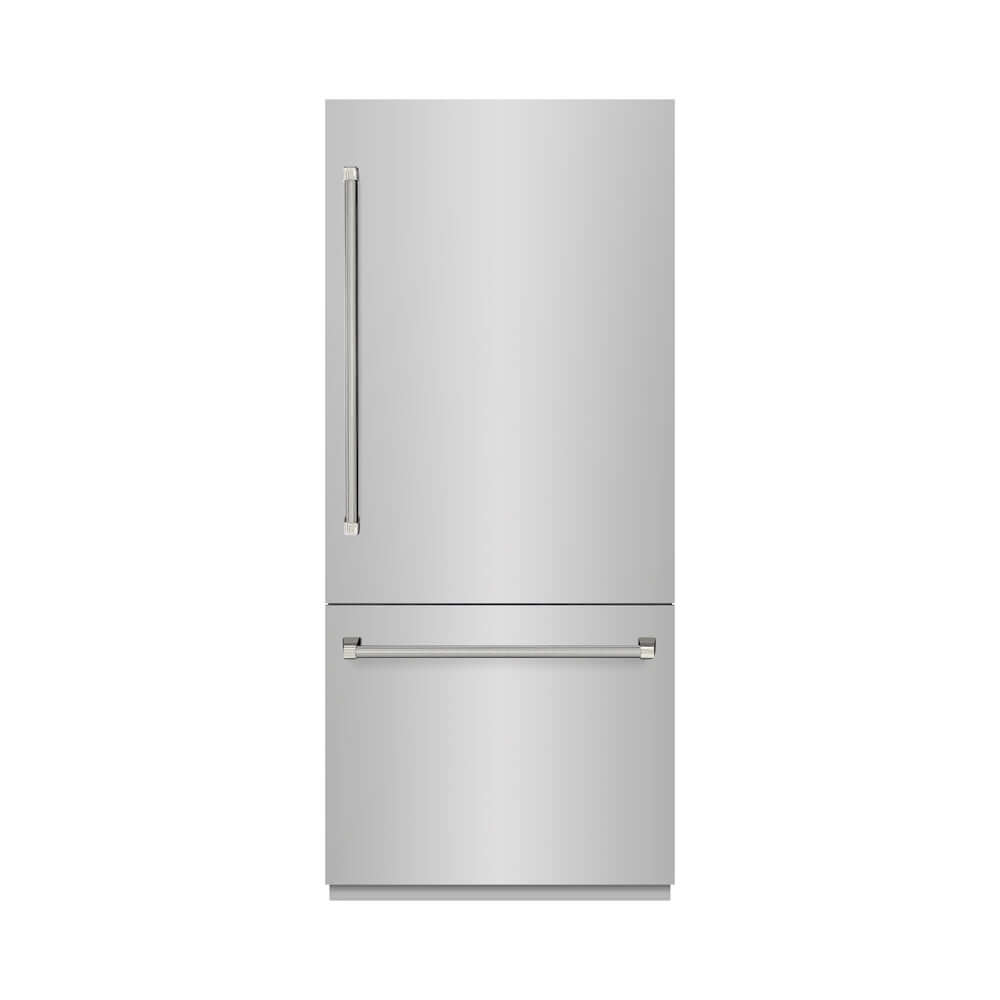 ZLINE Autograph Edition 36 in. 19.8 cu. ft. Built-In Bottom Freezer Refrigerator with Water Dispenser and Ice Maker in Stainless Steel with Graphite Gray Interior and Polished Nickel Helix Handles (GRBITZ-30436KPN) front, closed.