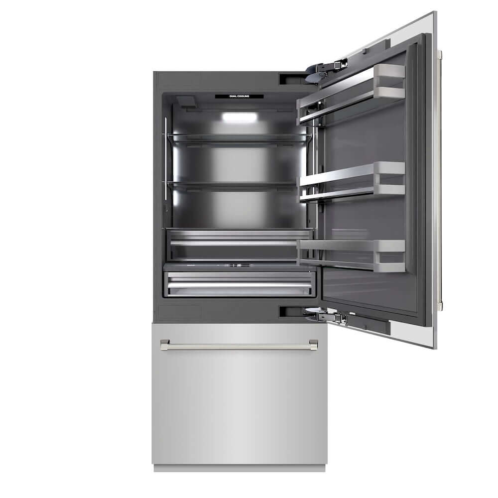ZLINE Autograph Edition 36 in. 19.8 cu. ft. Built-In Bottom Freezer Refrigerator with Water Dispenser and Ice Maker in Stainless Steel with Graphite Gray Interior and Polished Nickel Helix Handles (GRBITZ-30436KPN) main image.