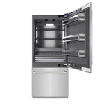 ZLINE Autograph Edition 36 in. 19.8 cu. ft. Built-In Bottom Freezer Refrigerator with Water Dispenser and Ice Maker in Stainless Steel with Graphite Gray Interior and Polished Nickel Helix Handles (GRBITZ-30436KPN) front, refrigeration compartment open.