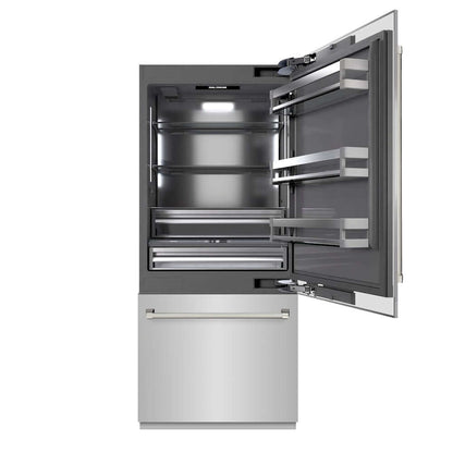ZLINE Autograph Edition 36 in. 19.8 cu. ft. Built-In Bottom Freezer Refrigerator with Water Dispenser and Ice Maker in Stainless Steel with Graphite Gray Interior and Polished Nickel Helix Handles (GRBITZ-30436KPN) front, refrigeration compartment open.