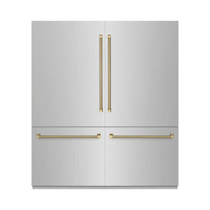 ZLINE Autograph Edition 72 in. 39.6 cu. ft. French Door Built-In Bottom Freezer Refrigerator with Water Dispensers and Ice Makers in Stainless Steel with Graphite Gray Interior and Champagne Bronze Helix Handles (GRBITZ-30472KCB) front, closed.