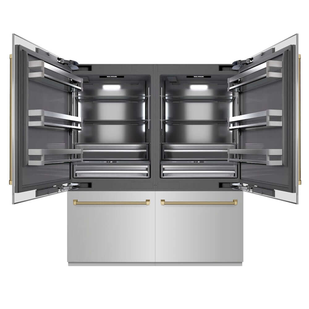 ZLINE Autograph Edition 72 in. 39.6 cu. ft. French Door Built-In Bottom Freezer Refrigerator with Water Dispensers and Ice Makers in Stainless Steel with Graphite Gray Interior and Champagne Bronze Helix Handles (GRBITZ-30472KCB) main image.