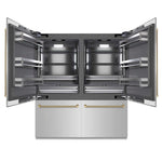 ZLINE Autograph Edition 72 in. 39.6 cu. ft. French Door Built-In Bottom Freezer Refrigerator with Water Dispensers and Ice Makers in Stainless Steel with Graphite Gray Interior and Champagne Bronze Helix Handles (GRBITZ-30472KCB) front, refrigeration compartment open.
