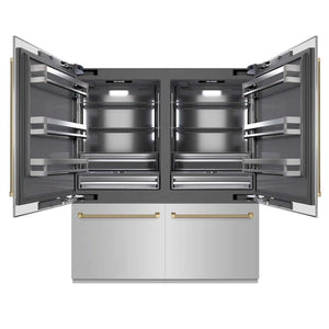 ZLINE Autograph Edition 72 in. 39.6 cu. ft. French Door Built-In Bottom Freezer Refrigerator with Water Dispensers and Ice Makers in Stainless Steel with Graphite Gray Interior and Champagne Bronze Helix Handles (GRBITZ-30472KCB) main image.