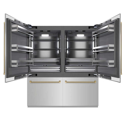 ZLINE Autograph Edition 72 in. 39.6 cu. ft. French Door Built-In Bottom Freezer Refrigerator with Water Dispensers and Ice Makers in Stainless Steel with Graphite Gray Interior and Champagne Bronze Helix Handles (GRBITZ-30472KCB) front, refrigeration compartment open.