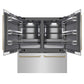 ZLINE Autograph Edition 72 in. 39.6 cu. ft. French Door Built-In Bottom Freezer Refrigerator with Water Dispensers and Ice Makers in Stainless Steel with Graphite Gray Interior and Champagne Bronze Helix Handles (GRBITZ-30472KCB) front, refrigeration compartment and bottom freezer open.