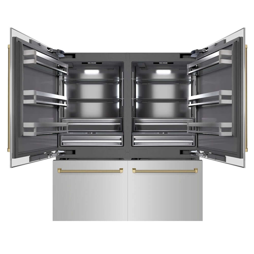 ZLINE Autograph Edition 72 in. 39.6 cu. ft. French Door Built-In Bottom Freezer Refrigerator with Water Dispensers and Ice Makers in Stainless Steel with Graphite Gray Interior and Champagne Bronze Helix Handles (GRBITZ-30472KCB) front, refrigeration compartment and bottom freezer open.