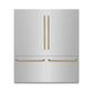 ZLINE Autograph Edition 72 in. 39.6 cu. ft. French Door Built-In Bottom Freezer Refrigerator with Water Dispensers and Ice Makers in Stainless Steel with Graphite Gray Interior and Polished Gold Helix Handles (GRBITZ-30472KG) front, closed.