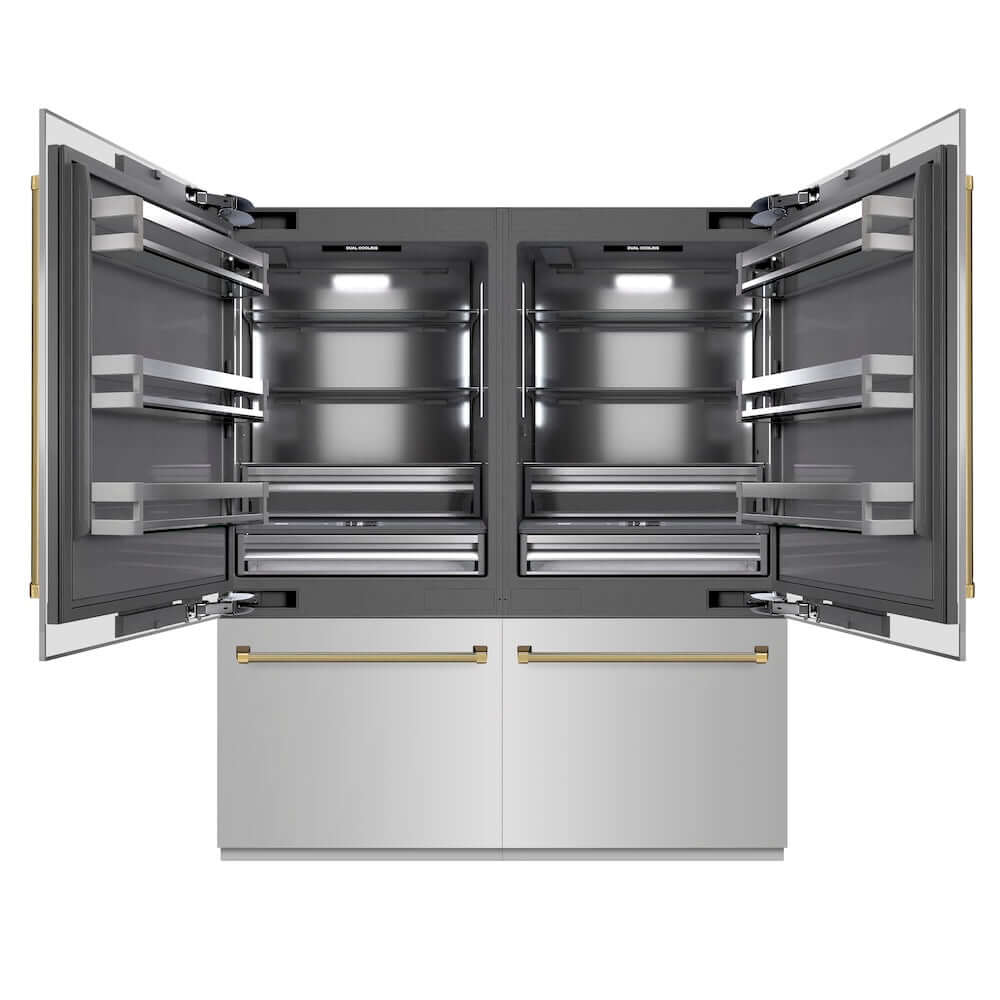 ZLINE Autograph Edition 72 in. 39.6 cu. ft. French Door Built-In Bottom Freezer Refrigerator with Water Dispensers and Ice Makers in Stainless Steel with Graphite Gray Interior and Polished Gold Helix Handles (GRBITZ-30472KG) main image.