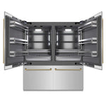 ZLINE Autograph Edition 72 in. 39.6 cu. ft. French Door Built-In Bottom Freezer Refrigerator with Water Dispensers and Ice Makers in Stainless Steel with Graphite Gray Interior and Polished Gold Helix Handles (GRBITZ-30472KG) front, refrigeration compartment open.