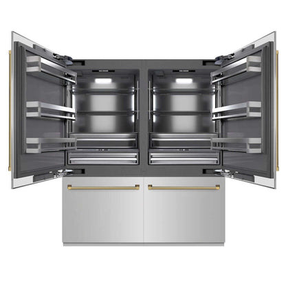 ZLINE Autograph Edition 72 in. 39.6 cu. ft. French Door Built-In Bottom Freezer Refrigerator with Water Dispensers and Ice Makers in Stainless Steel with Graphite Gray Interior and Polished Gold Helix Handles (GRBITZ-30472KG) front, refrigeration compartment open.