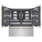 ZLINE Autograph Edition 72 in. 39.6 cu. ft. French Door Built-In Bottom Freezer Refrigerator with Water Dispensers and Ice Makers in Stainless Steel with Graphite Gray Interior and Polished Gold Helix Handles (GRBITZ-30472KG) front, refrigeration compartment and bottom freezer open.
