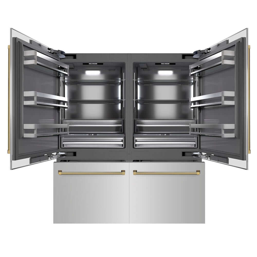 ZLINE Autograph Edition 72 in. 39.6 cu. ft. French Door Built-In Bottom Freezer Refrigerator with Water Dispensers and Ice Makers in Stainless Steel with Graphite Gray Interior and Polished Gold Helix Handles (GRBITZ-30472KG) front, refrigeration compartment and bottom freezer open.