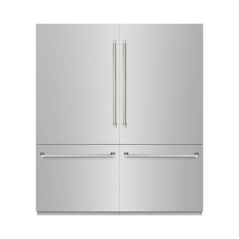 ZLINE Autograph Edition 72 in. 39.6 cu. ft. French Door Built-In Bottom Freezer Refrigerator with Water Dispensers and Ice Makers in Stainless Steel with Graphite Gray Interior and Polished Nickel Helix Handles (GRBITZ-30472KPN) front, closed.