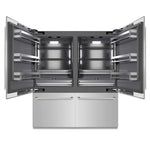ZLINE Autograph Edition 72 in. 39.6 cu. ft. French Door Built-In Bottom Freezer Refrigerator with Water Dispensers and Ice Makers in Stainless Steel with Graphite Gray Interior and Polished Nickel Helix Handles (GRBITZ-30472KPN) front, refrigeration compartment open.