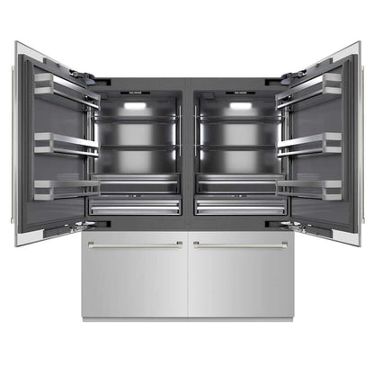 ZLINE Autograph Edition 72 in. 39.6 cu. ft. French Door Built-In Bottom Freezer Refrigerator with Water Dispensers and Ice Makers in Stainless Steel with Graphite Gray Interior and Polished Nickel Helix Handles (GRBITZ-30472KPN) front, refrigeration compartment open.