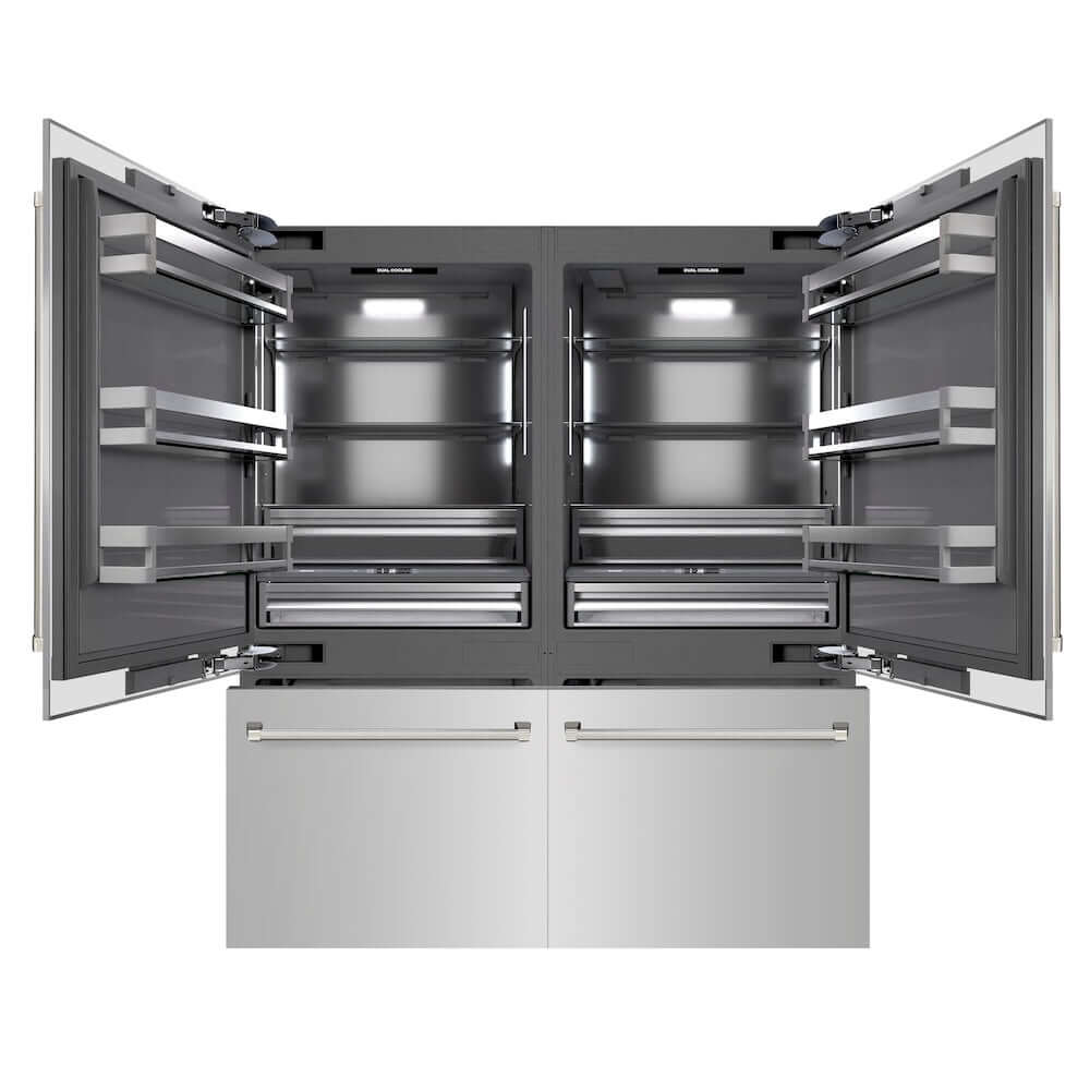 ZLINE Autograph Edition 72 in. 39.6 cu. ft. French Door Built-In Bottom Freezer Refrigerator with Water Dispensers and Ice Makers in Stainless Steel with Graphite Gray Interior and Polished Nickel Helix Handles (GRBITZ-30472KPN) front, refrigeration compartment and bottom freezer open.