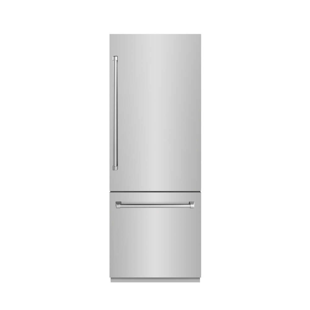 ZLINE 30 in. 16.1 cu. ft. Built-In Bottom Freezer Refrigerator with Water Dispenser and Ice Maker in Stainless Steel with Graphite Gray Interior (GRBIV-304-30) front, closed.