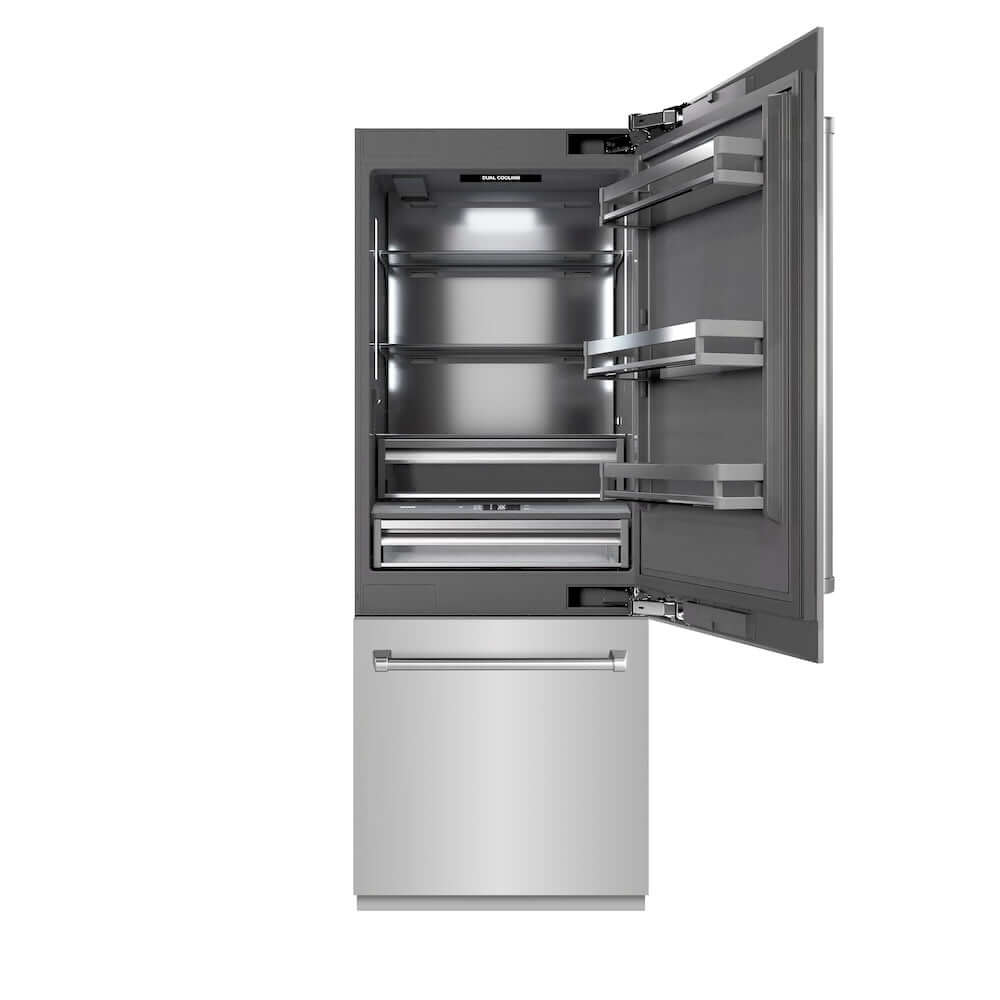 ZLINE 30 in. 16.1 cu. ft. Built-In Bottom Freezer Refrigerator with Water Dispenser and Ice Maker in Stainless Steel with Graphite Gray Interior (GRBIV-304-30) front, refrigeration compartment open.