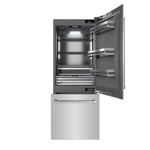 ZLINE 30 in. 16.1 cu. ft. Built-In Bottom Freezer Refrigerator with Water Dispenser and Ice Maker in Stainless Steel with Graphite Gray Interior (GRBIV-304-30) front, refrigeration compartment and bottom freezer drawers open.