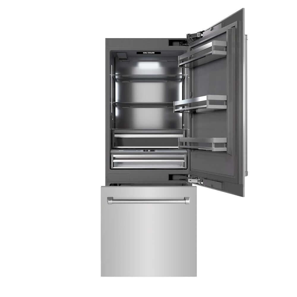 ZLINE 30 in. 16.1 cu. ft. Built-In Bottom Freezer Refrigerator with Water Dispenser and Ice Maker in Stainless Steel with Graphite Gray Interior (GRBIV-304-30) front, refrigeration compartment and bottom freezer drawers open.
