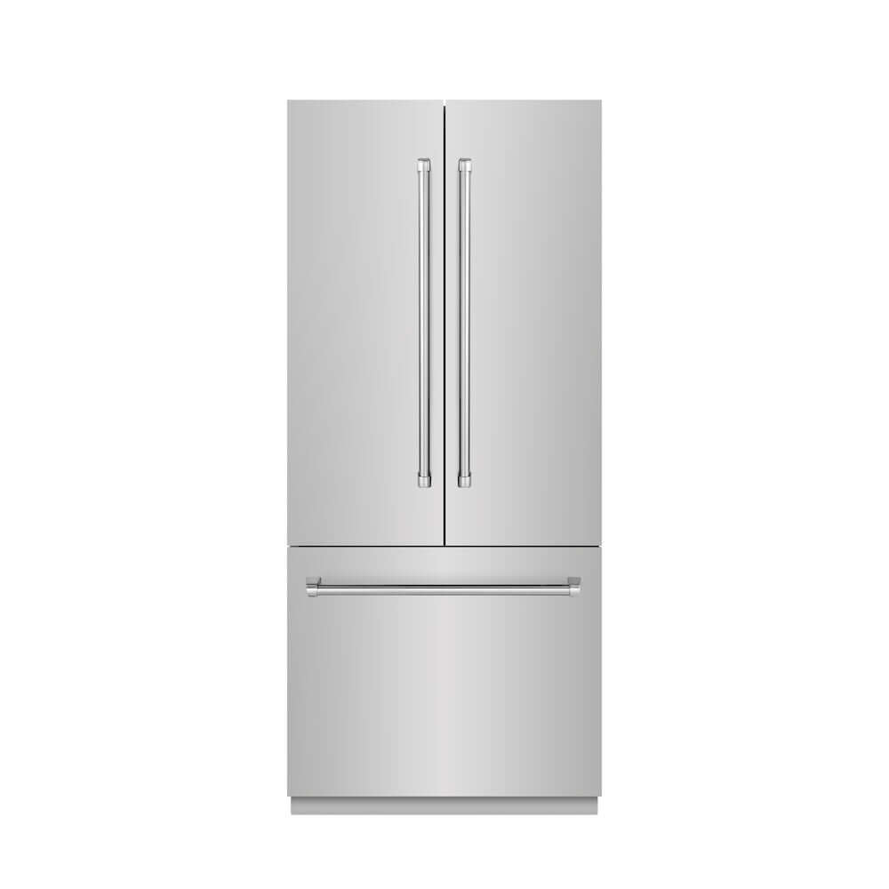 ZLINE 36 in. 19.6 cu. ft. French Door Built-In Bottom Freezer Refrigerator with Water Dispenser and Ice Maker in Stainless Steel with Graphite Gray Interior (GRBIV-304-36) front, closed.