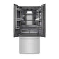 ZLINE 36 in. 19.6 cu. ft. French Door Built-In Bottom Freezer Refrigerator with Water Dispenser and Ice Maker in Stainless Steel with Graphite Gray Interior (GRBIV-304-36) front, refrigeration compartment open.