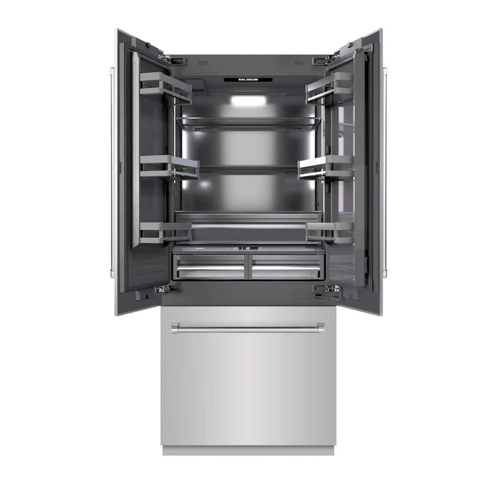 ZLINE 36 in. 19.6 cu. ft. French Door Built-In Bottom Freezer Refrigerator with Water Dispenser and Ice Maker in Stainless Steel with Graphite Gray Interior (GRBIV-304-36) front, refrigeration compartment open.