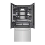 ZLINE 36 in. 19.6 cu. ft. French Door Built-In Bottom Freezer Refrigerator with Water Dispenser and Ice Maker in Stainless Steel with Graphite Gray Interior (GRBIV-304-36) front, refrigeration compartment and bottom freezer drawers open.