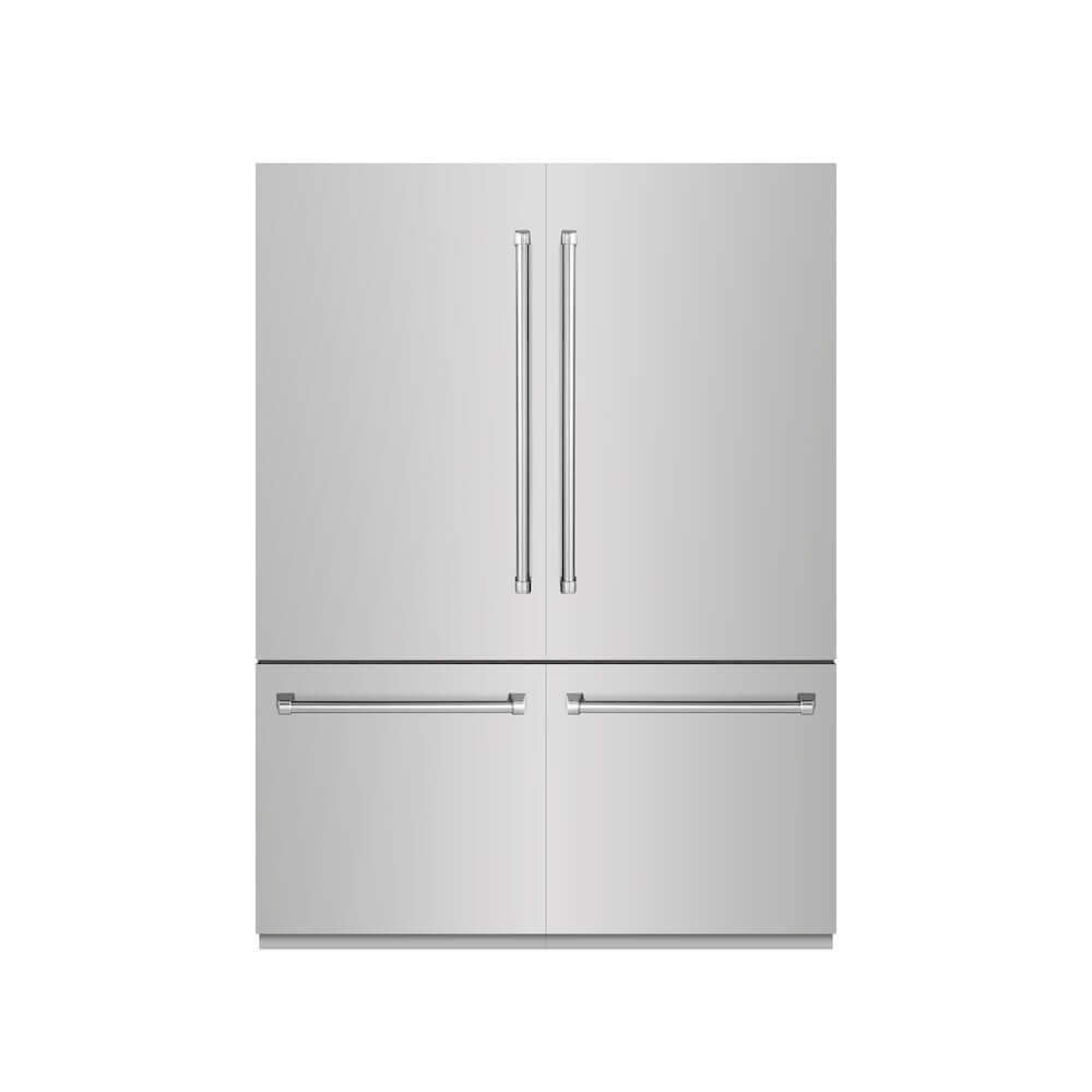 ZLINE 60 in. 32.2 cu. ft. French Door Built-In Bottom Freezer Refrigerator with Water Dispensers and Ice Makers in Stainless Steel with Graphite Gray Interior (GRBIV-304-60) front, closed.