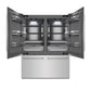 ZLINE 60 in. 32.2 cu. ft. French Door Built-In Bottom Freezer Refrigerator with Water Dispensers and Ice Makers in Stainless Steel with Graphite Gray Interior (GRBIV-304-60) front, refrigeration compartment open.