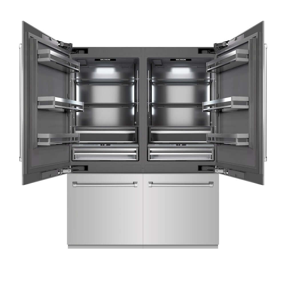 ZLINE 60 in. 32.2 cu. ft. French Door Built-In Bottom Freezer Refrigerator with Water Dispensers and Ice Makers in Stainless Steel with Graphite Gray Interior (GRBIV-304-60) front, refrigeration compartment open.