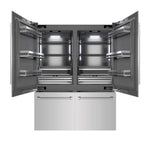 ZLINE 60 in. 32.2 cu. ft. French Door Built-In Bottom Freezer Refrigerator with Water Dispensers and Ice Makers in Stainless Steel with Graphite Gray Interior (GRBIV-304-60) front, refrigeration compartment and bottom freezer drawers open.