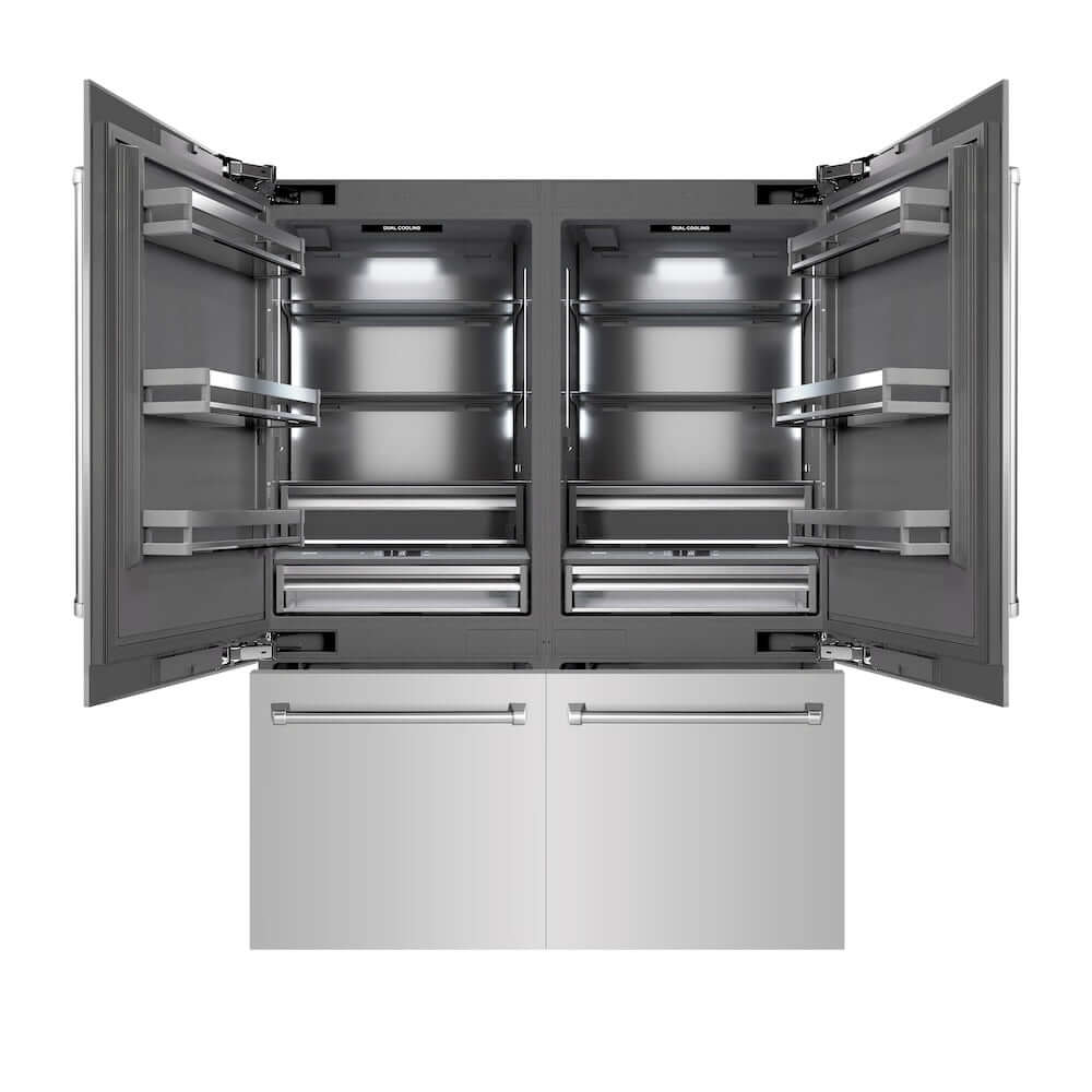 ZLINE 60 in. 32.2 cu. ft. French Door Built-In Bottom Freezer Refrigerator with Water Dispensers and Ice Makers in Stainless Steel with Graphite Gray Interior (GRBIV-304-60) front, refrigeration compartment and bottom freezer drawers open.