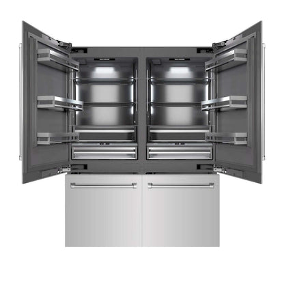 ZLINE 60 in. 32.2 cu. ft. French Door Built-In Bottom Freezer Refrigerator with Water Dispensers and Ice Makers in Stainless Steel with Graphite Gray Interior (GRBIV-304-60) front, refrigeration compartment and bottom freezer drawers open.