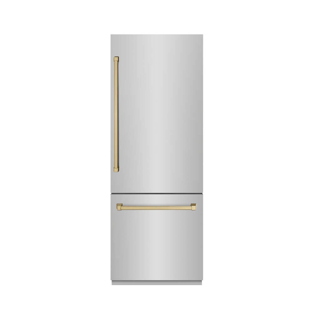 ZLINE Autograph Edition 30 in. 16.1 cu. ft. Built-In Bottom Freezer Refrigerator with Water Dispenser and Ice Maker in Stainless Steel with Graphite Gray Interior and Champagne Bronze Accents (GRBIVZ-304-30CB) front, closed.