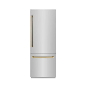 ZLINE Autograph Edition 30 in. 16.1 cu. ft. Built-In Bottom Freezer Refrigerator with Water Dispenser and Ice Maker in Stainless Steel with Graphite Gray Interior and Champagne Bronze Accents (GRBIVZ-304-30CB) front, closed.