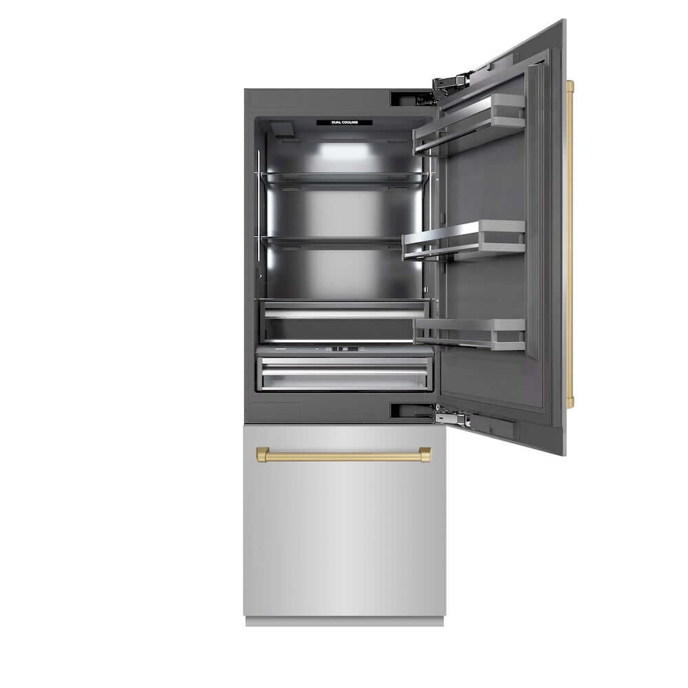 ZLINE Autograph Edition 30 in. 16.1 cu. ft. Built-In Bottom Freezer Refrigerator with Water Dispenser and Ice Maker in Stainless Steel with Graphite Gray Interior and Champagne Bronze Accents (GRBIVZ-304-30CB) front, refrigeration compartment open.