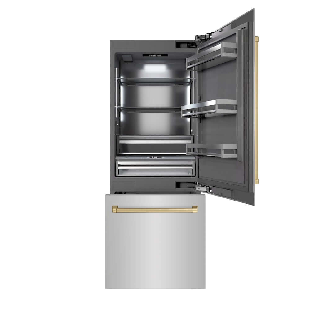 ZLINE Autograph Edition 30 in. 16.1 cu. ft. Built-In Bottom Freezer Refrigerator with Water Dispenser and Ice Maker in Stainless Steel with Graphite Gray Interior and Champagne Bronze Accents (GRBIVZ-304-30CB) front, refrigeration compartment and bottom freezer drawers open.