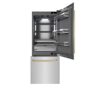 ZLINE Autograph Edition 30 in. 16.1 cu. ft. Built-In Bottom Freezer Refrigerator with Water Dispenser and Ice Maker in Stainless Steel with Graphite Gray Interior and Champagne Bronze Accents (GRBIVZ-304-30CB) main image.
