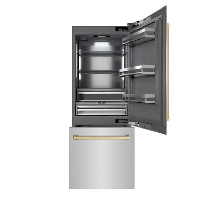ZLINE Autograph Edition 30 in. 16.1 cu. ft. Built-In Bottom Freezer Refrigerator with Water Dispenser and Ice Maker in Stainless Steel with Graphite Gray Interior and Champagne Bronze Accents (GRBIVZ-304-30CB) front, refrigeration compartment and bottom freezer drawers open.