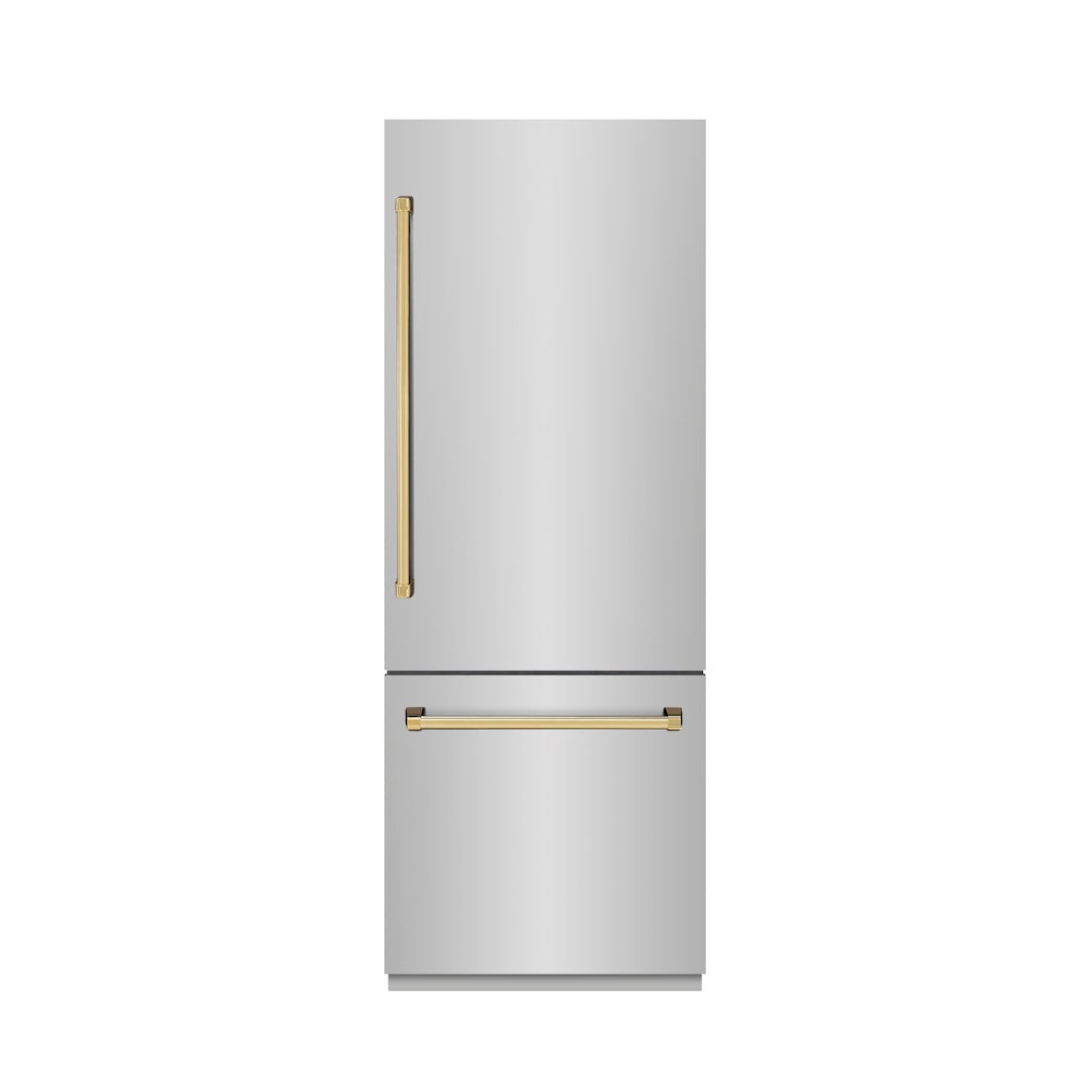 ZLINE Autograph Edition 30 in. 16.1 cu. ft. Built-In Bottom Freezer Refrigerator with Water Dispenser and Ice Maker in Stainless Steel with Graphite Gray Interior and Polished Gold Accents (GRBIVZ-304-30G) front, closed.