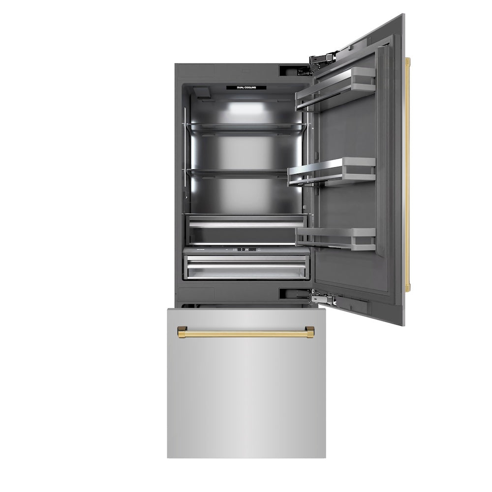 ZLINE Autograph Edition 30 in. 16.1 cu. ft. Built-In Bottom Freezer Refrigerator with Water Dispenser and Ice Maker in Stainless Steel with Graphite Gray Interior and Polished Gold Accents (GRBIVZ-304-30G) front, refrigeration compartment and bottom freezer drawers open.