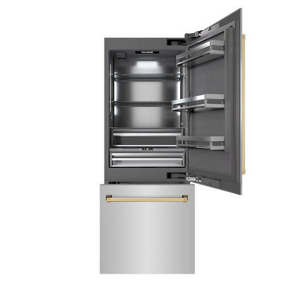 ZLINE Autograph Edition 30 in. 16.1 cu. ft. Built-In Bottom Freezer Refrigerator with Water Dispenser and Ice Maker in Stainless Steel with Graphite Gray Interior and Polished Gold Accents (GRBIVZ-304-30G) front, refrigeration compartment and bottom freezer drawers open.