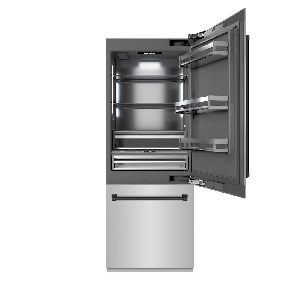 ZLINE Autograph Edition 30 in. 16.1 cu. ft. Built-In Bottom Freezer Refrigerator with Water Dispenser and Ice Maker in Stainless Steel with Graphite Gray Interior and Matte Black Accents (GRBIVZ-304-30MB) front, refrigeration compartment open.
