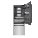 ZLINE Autograph Edition 30 in. 16.1 cu. ft. Built-In Bottom Freezer Refrigerator with Water Dispenser and Ice Maker in Stainless Steel with Graphite Gray Interior and Matte Black Accents (GRBIVZ-304-30MB) front, refrigeration compartment and bottom freezer drawers open.