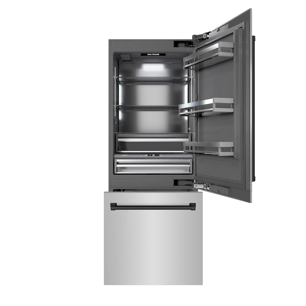 ZLINE Autograph Edition 30 in. 16.1 cu. ft. Built-In Bottom Freezer Refrigerator with Water Dispenser and Ice Maker in Stainless Steel with Graphite Gray Interior and Matte Black Accents (GRBIVZ-304-30MB) front, refrigeration compartment and bottom freezer drawers open.